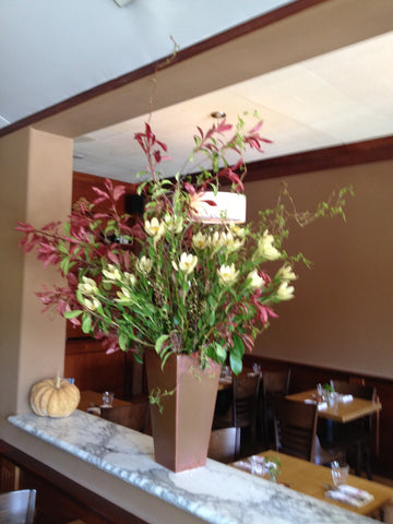 Large bushy arrangement for local farm to table restaurant by Gorgeous and Green