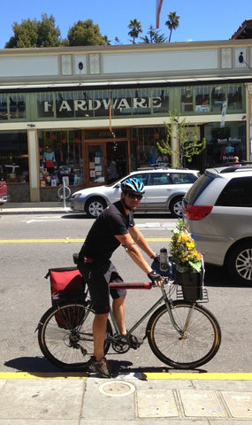 Pedal Express Bike courier delivering Gorgeous and Green arrangements to Berkeley, Oakland and Emeryville