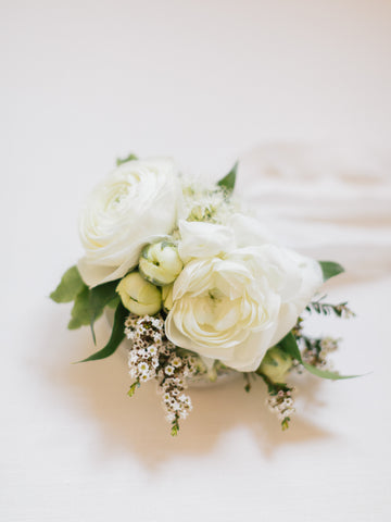 White ranunculus for a soft wrist corsage with silk ribbons by Gorgeous and Green