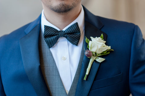 simple white boutonniere for a blue suit, City Hall wedding by Gorgeous and Green