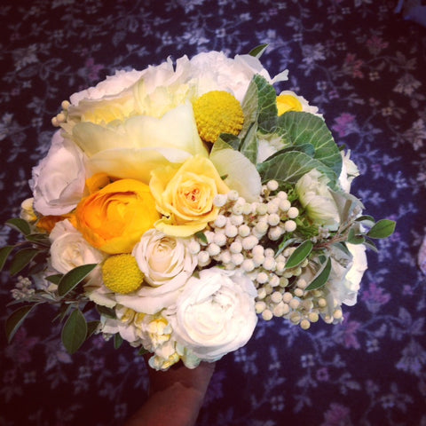 Bridal Bouquet featuring white texture, yellow peonies by Gorgeous and Green 
