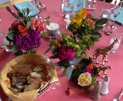 the giraffe table, local grown flower centerpiece by Gorgeous and Green