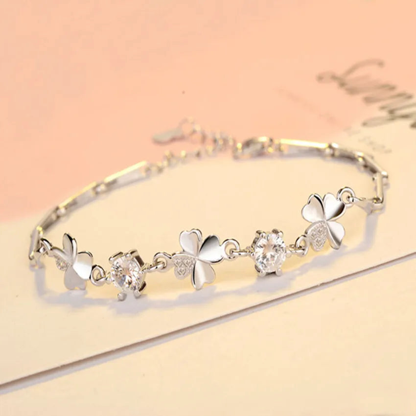 925 Sterling Silver Lucky Clover Bracelet – Crystal Chain Jewelry for Women