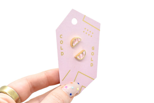 geometric gold-plated stud earrings on pink geometric card pink rose quartz stud earrings set birth stone gift for her gemstone jewelry