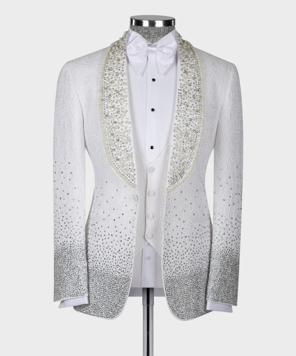 Handcrafted Gradient Crystal Embellished White Tuxedo - 3 Piece Suit