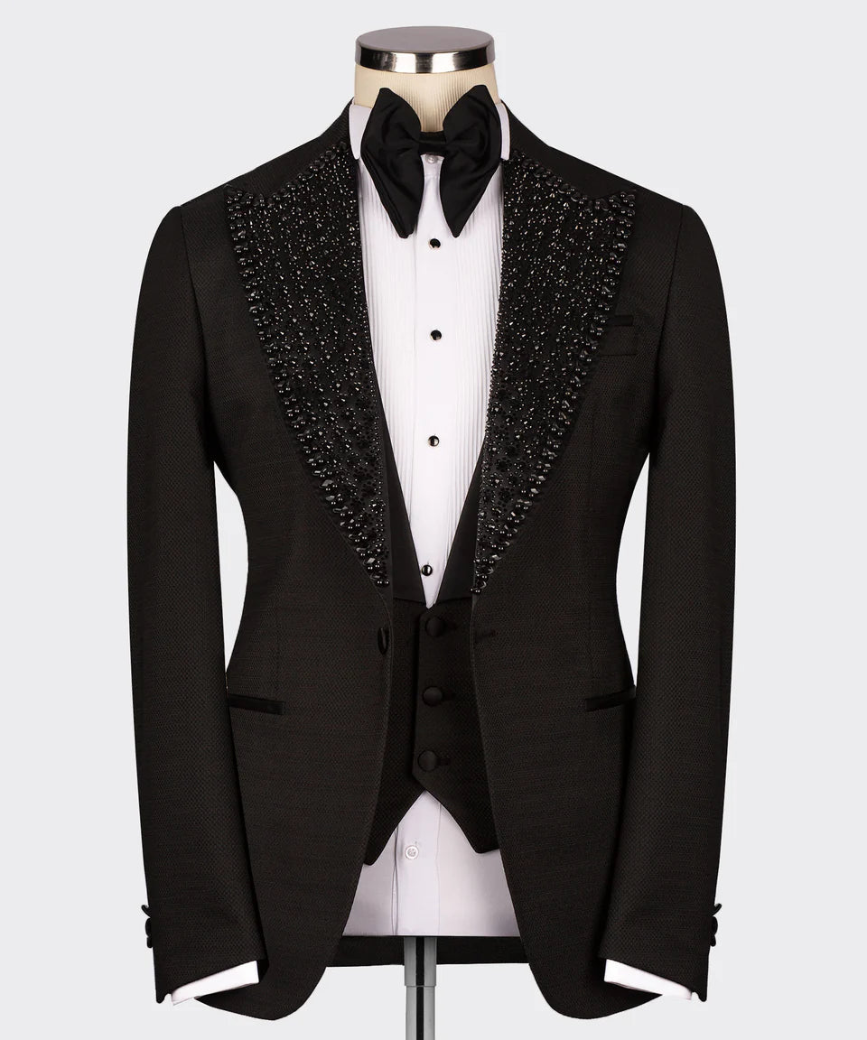 Black Tuxedo Style | Modern One-Button Black Tuxedo with Black Embellishments