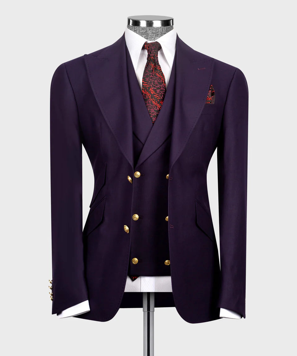 Black Tuxedo Style | Dark Purple 3 Piece Suit with Gold Buttons