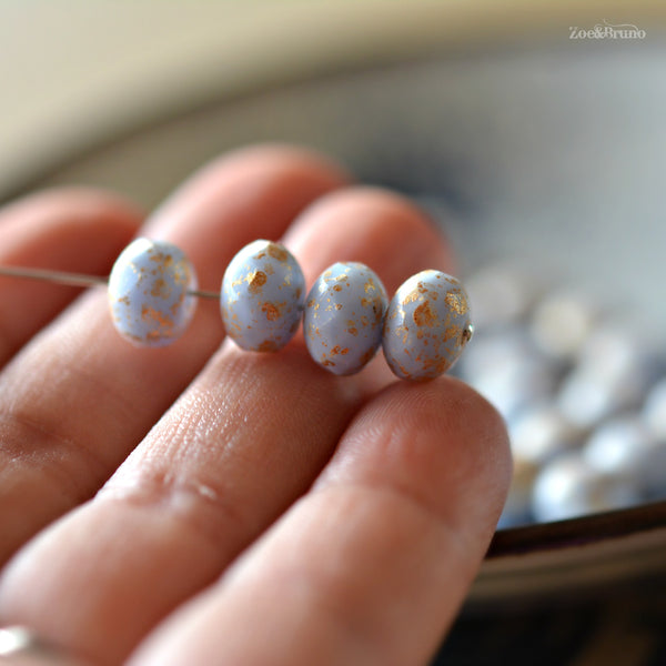 10 Robins Egg - Premium Czech Glass, Opaque Pale Periwinkle Blue, Metallic Gold, Rondelle Beads 6x8mm.