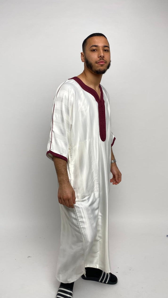 Pure White Moroccan Thobe with Burgundy Accents – Ihsaan Drip