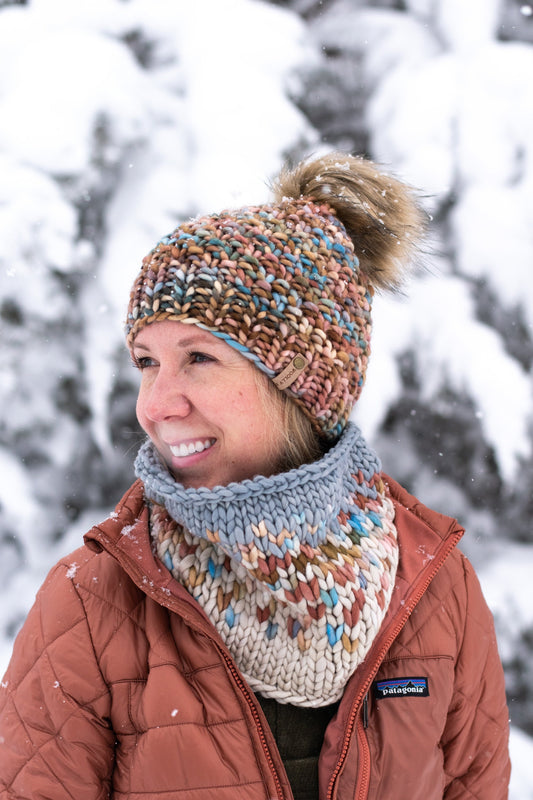 Blush Pink, Copper, & Blue Merino Wool Knit Hat with Faux Fur Pom