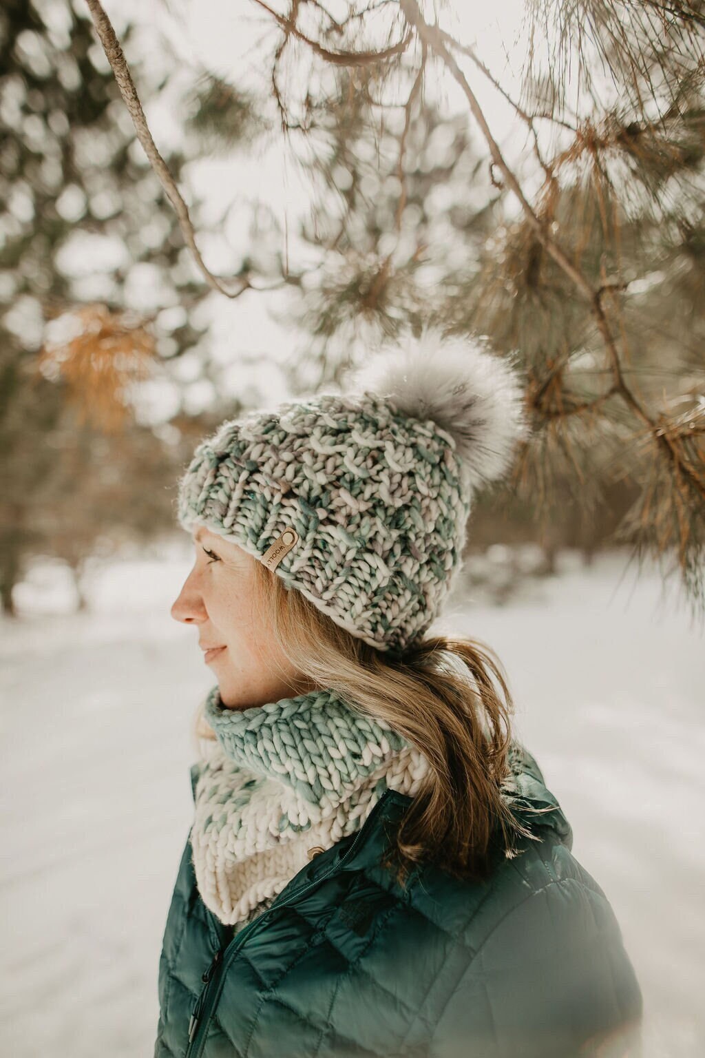 Ivory Green and Gray Speckle Merino Wool Knit Hat with Faux Fur Pom Pom -  Hand-Dyed Yarn