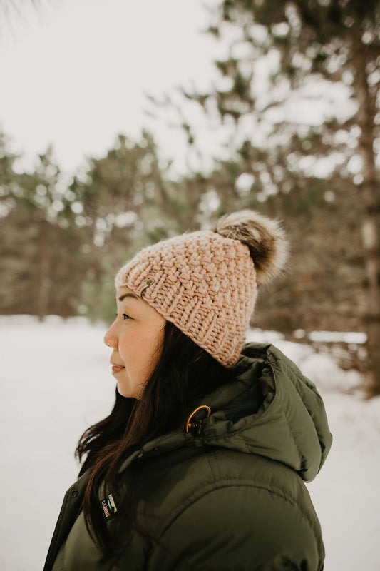 Pearl Gray Merino Wool Knit Hat with Faux Fur Pom Pom – Woolly