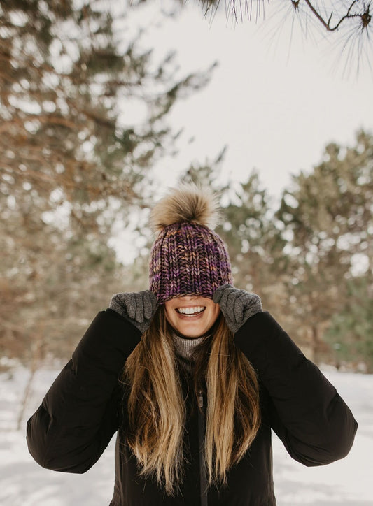 Brown Multi-Color Merino Wool Knit Hat with Faux Fur Pom Pom