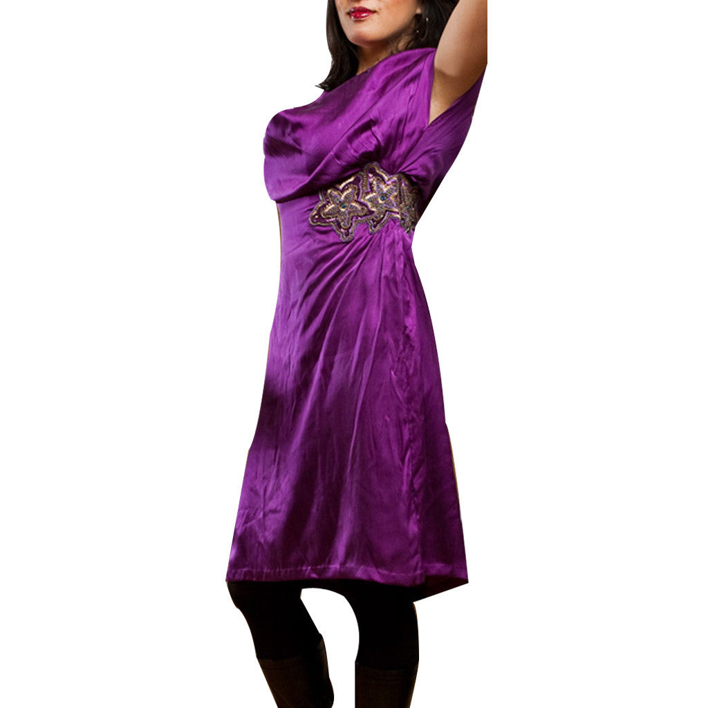 Spice Root Aubergine Cowl Neck Silk Dress - Shubrah