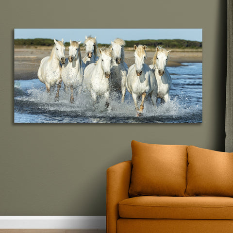 seven white running horses vastu canvas painting