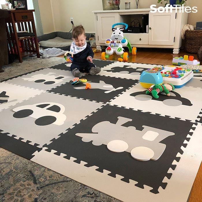 grey and white play mat tiles