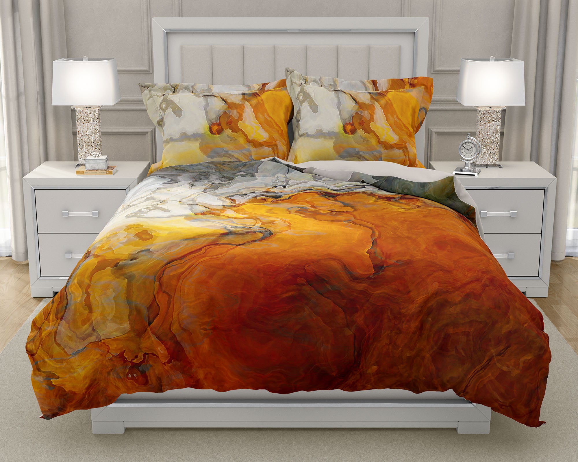 Duvet Cover With Abstract Art King Or Queen In Orange White And