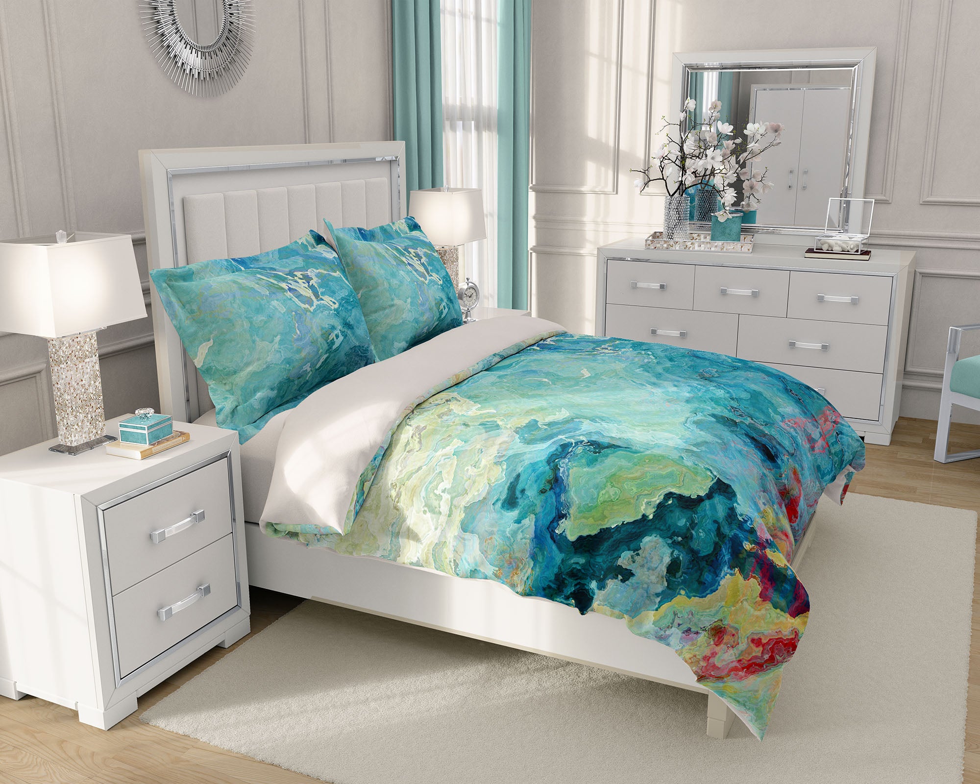 Duvet Cover With Abstract Art King Or Queen Aqua Blue Green