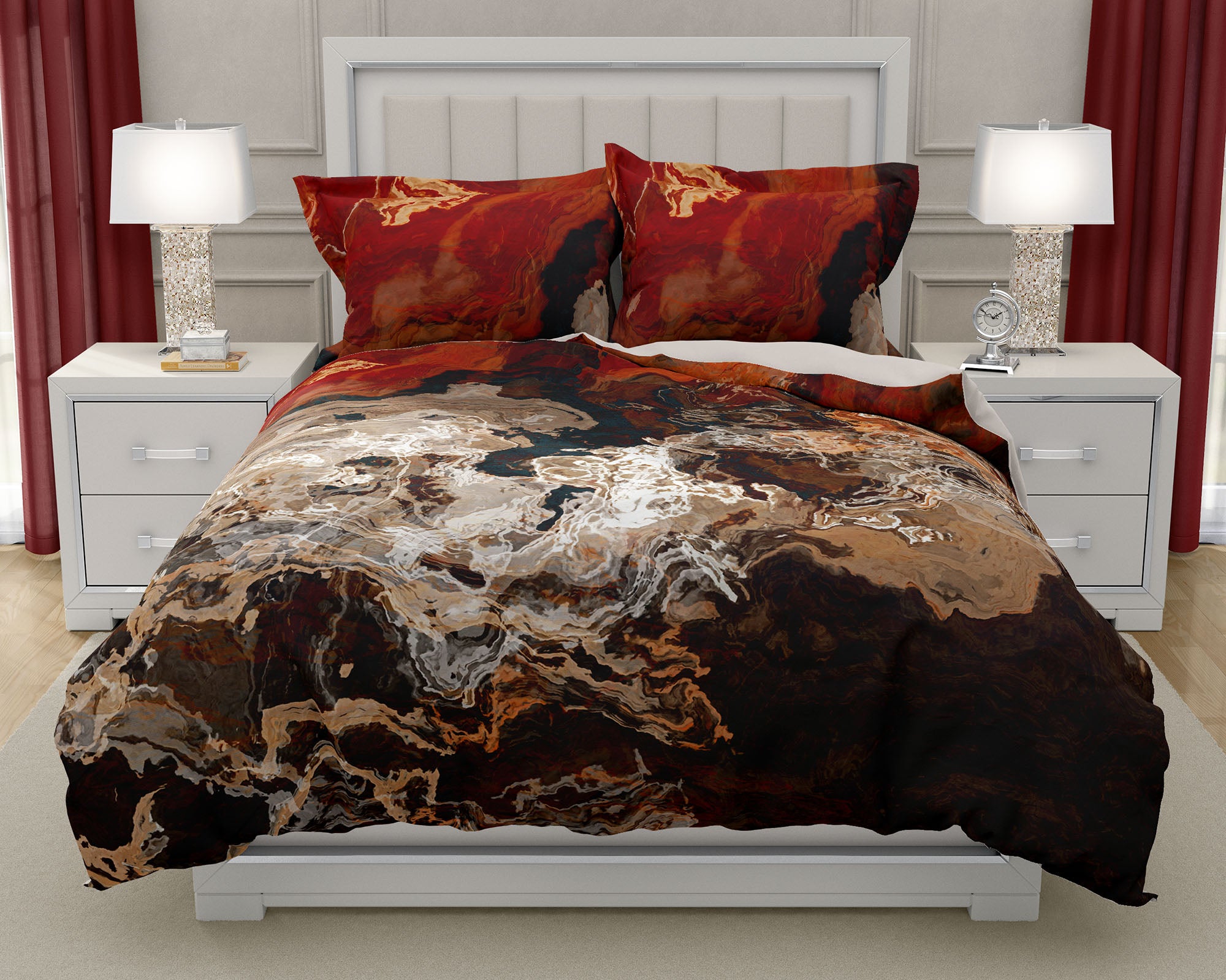 Duvet Cover With Abstract Art King Or Queen In Dark Red And Cream