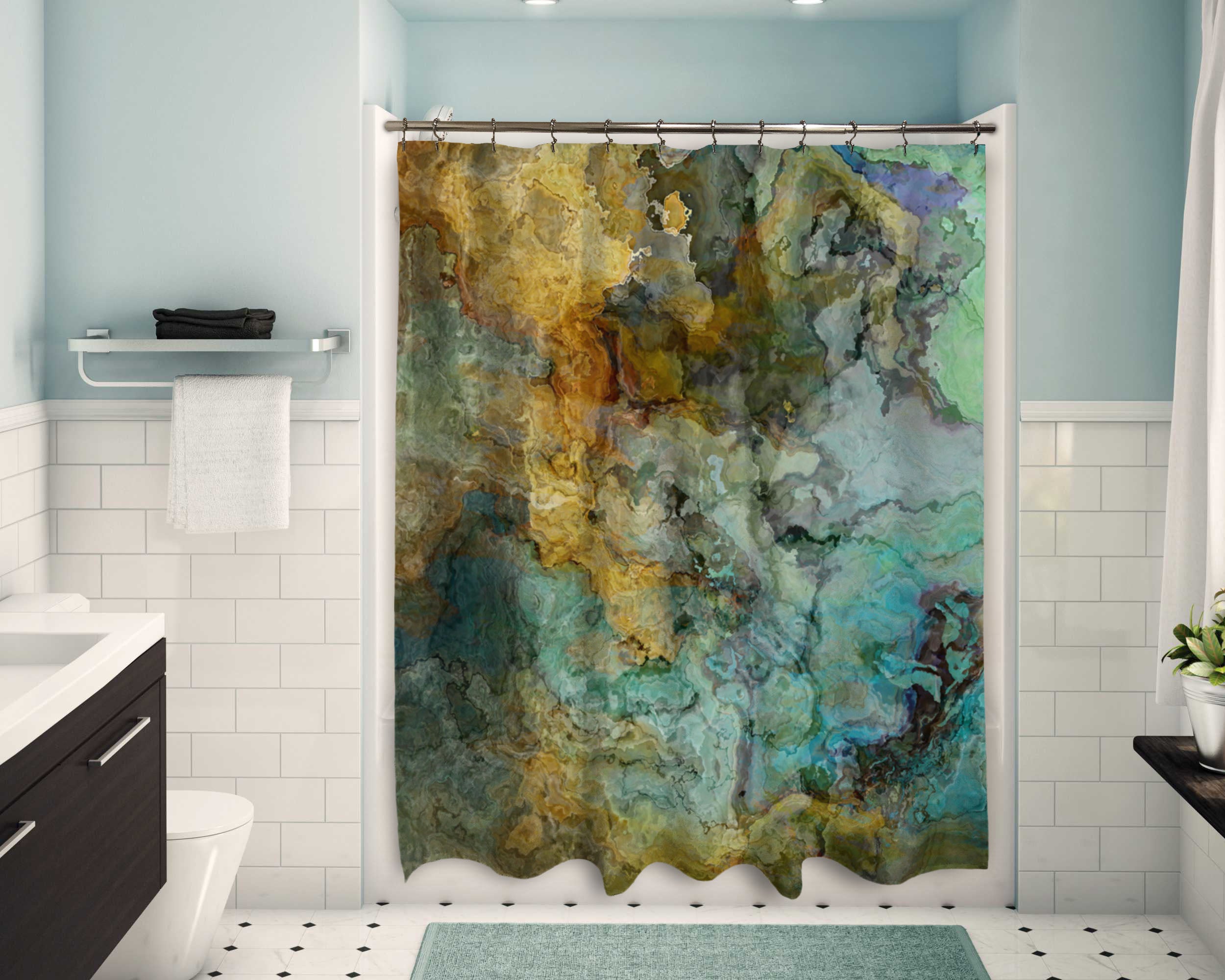 Abstract Shower Curtain Blue Green And Brown Contemporary Bathroom   Kinetic 2 