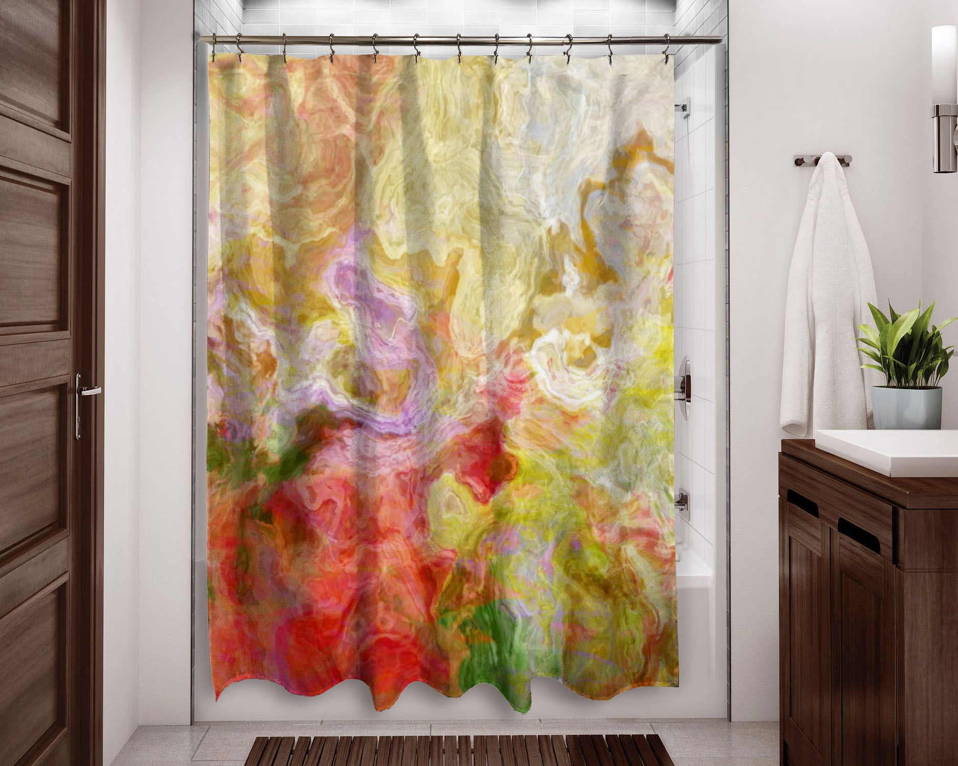 red and yellow shower curtain