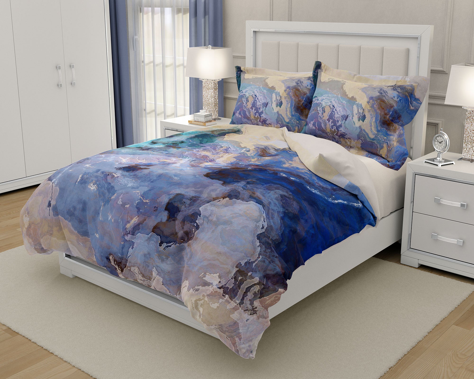 Abstract Art Duvet Cover King Or Queen In Blue Green And Tan