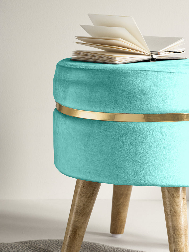 Turquoise Blue Stool With Golden Ring & Wood Legs