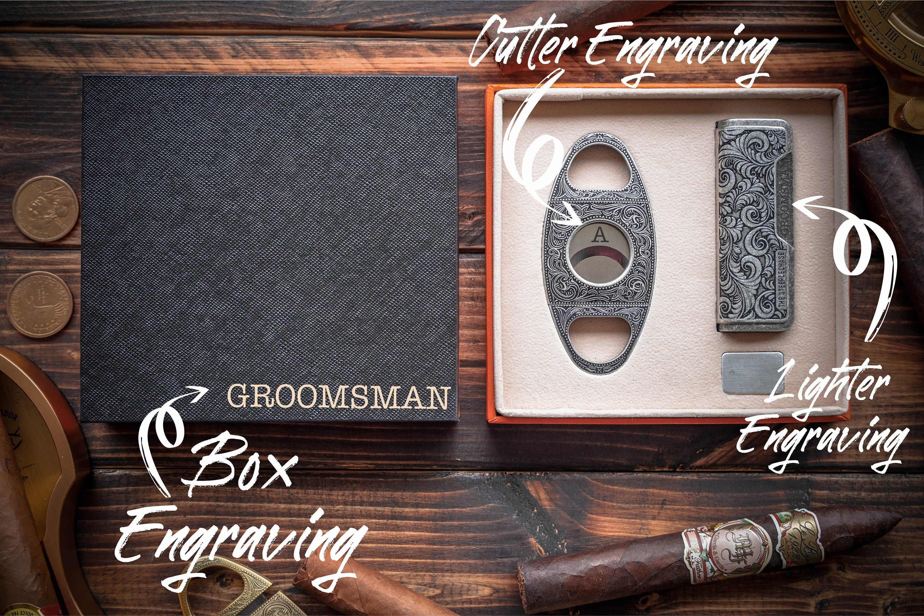 Engraved Silver Cigar Case and Cutter Set