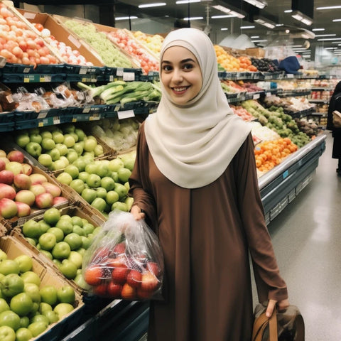 girl wearing khimar and buying vegetables