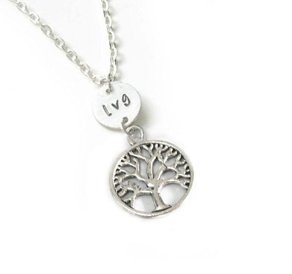 Silver Tree and Initial Personalized Hand Stamped Necklace - Jewelrylized.com