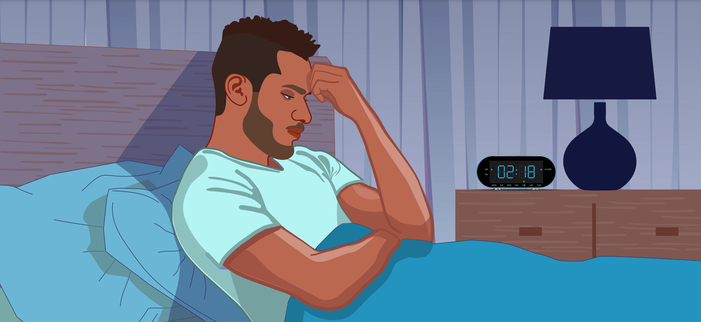 Illustration displays man holding his head in distress in bed.