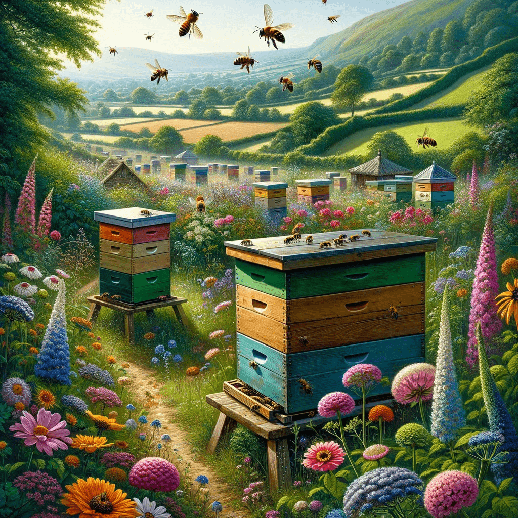 Beehives in a beekeeping apiary