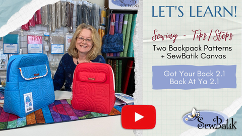 Image depicting Diane with two backpacks made from SewBatik Canvas. Click to view the youtube tutorial