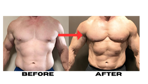 man in a before and after photo using the chest builder device