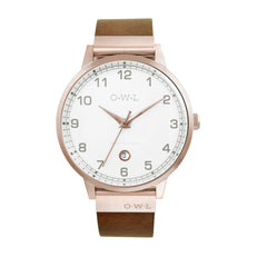 Mens rose gold brown leather strap watch his