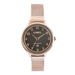 Ladies rose gold mesh watch with calendar