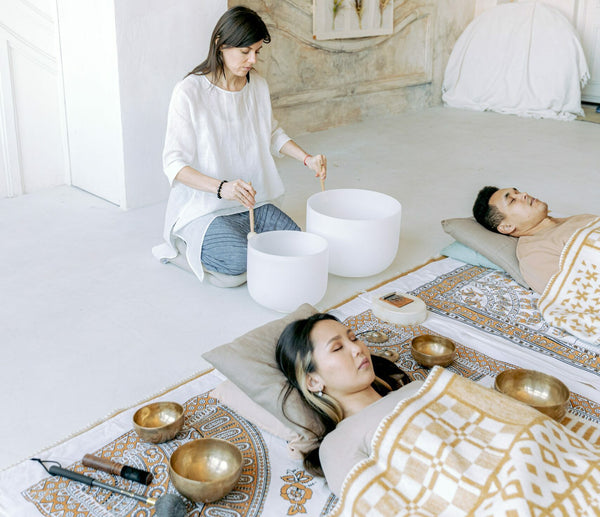 women playing instrument for sound bath-sound bath therapy-mikkoa yoga