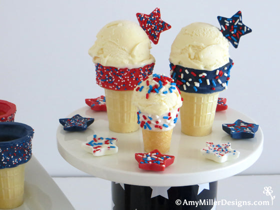 White Chocolate Dipped 4th of July Ice Cream Cones by Amy Miller Designs