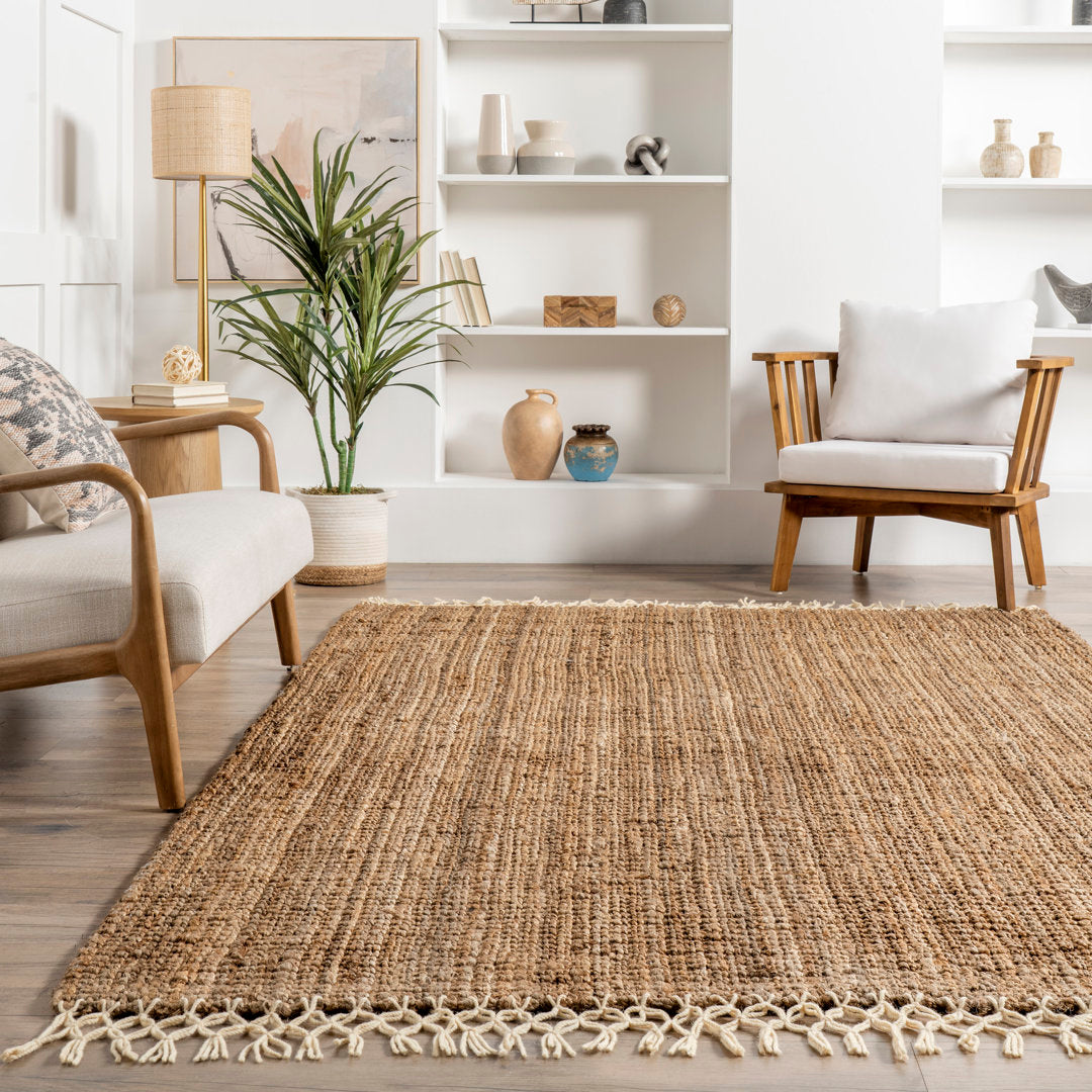 Bay Isle Home™ 8' x 10' Rectangle Rug - Handmade, Tufted, Farmhouse Style with Jute Tassels in Brown