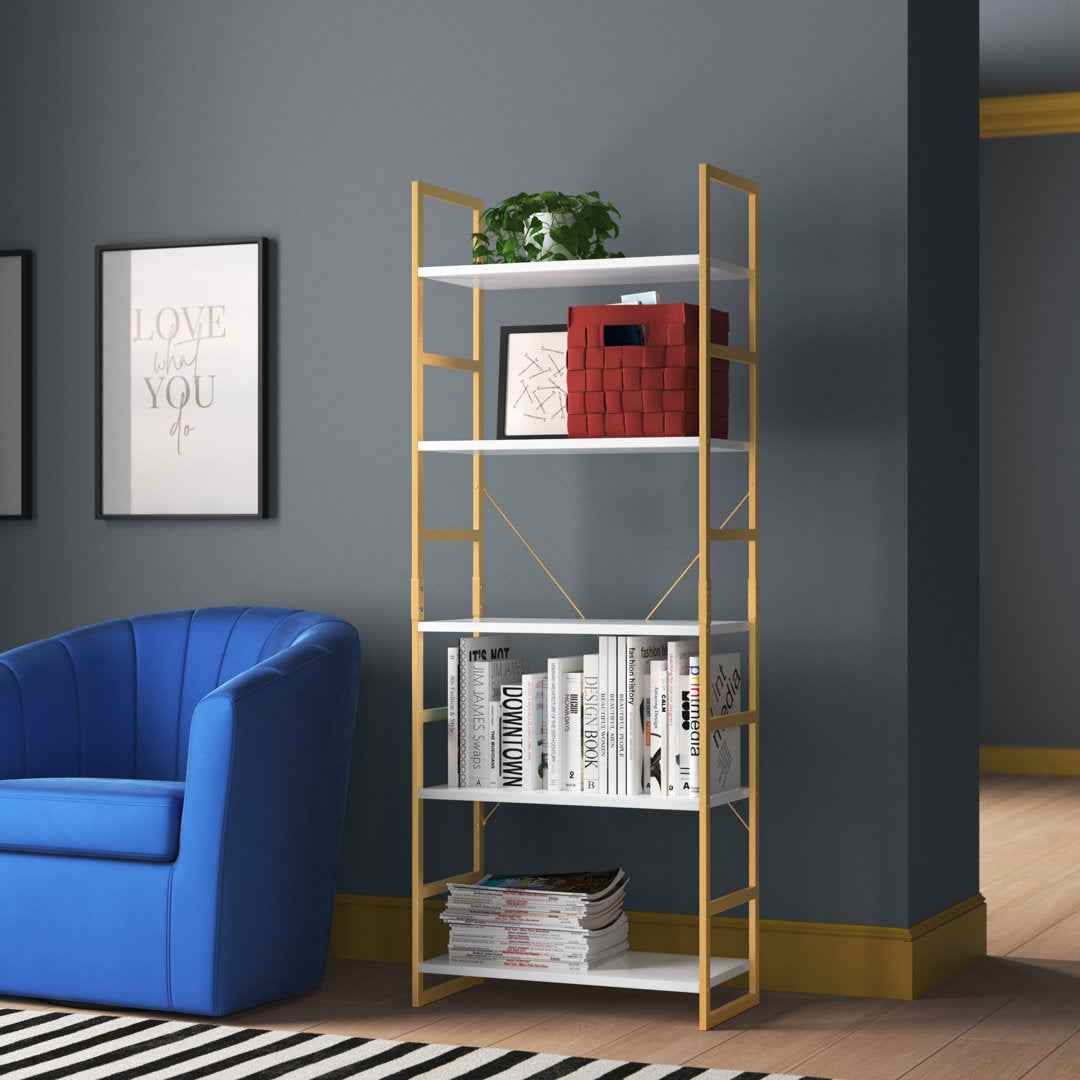 Fontenot Iron Etagere Bookcase, Industrial Style Bookshelf Zipcode Design™ Color: White/Gold Size: (5 Shelves) 62.2”H x 23.6”W x 11.8”D - Image 7
