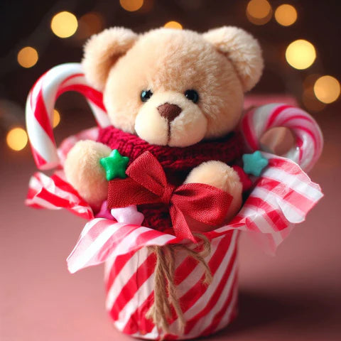 Candy wrapping a teddy bear