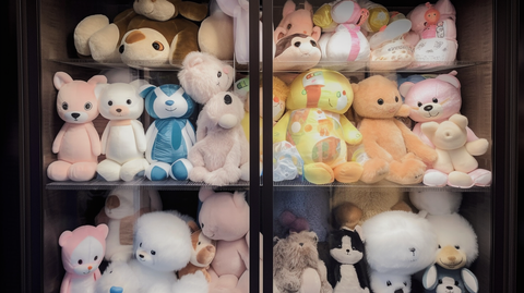 Store plush toys in a glass display cabinet