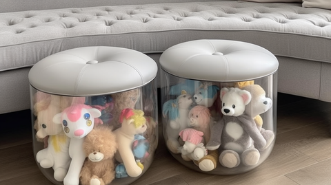 Transparent stools filled with stuffed animals