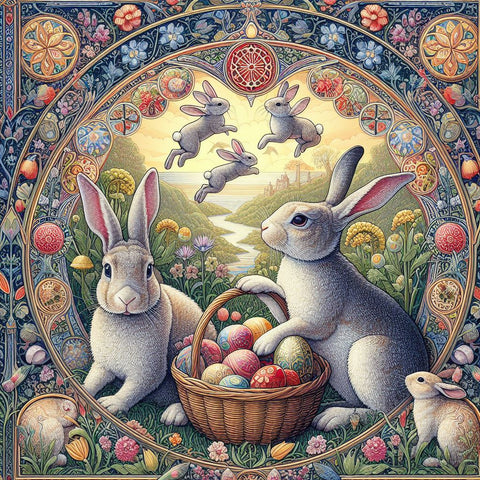 Two Easter Bunnies with a basket of colored eggs