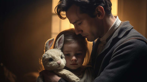 a man holds a girl with stuffed bunny