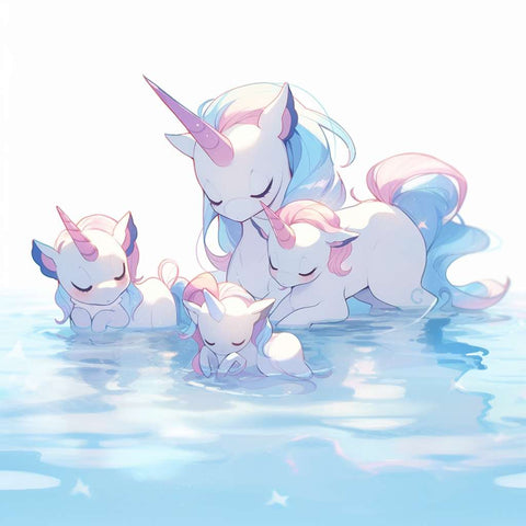 Unicorn mother and child playing in the water