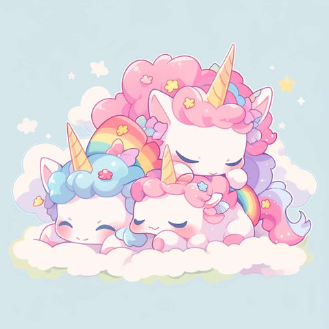 Unicorn mother and two children sleeping in the clouds