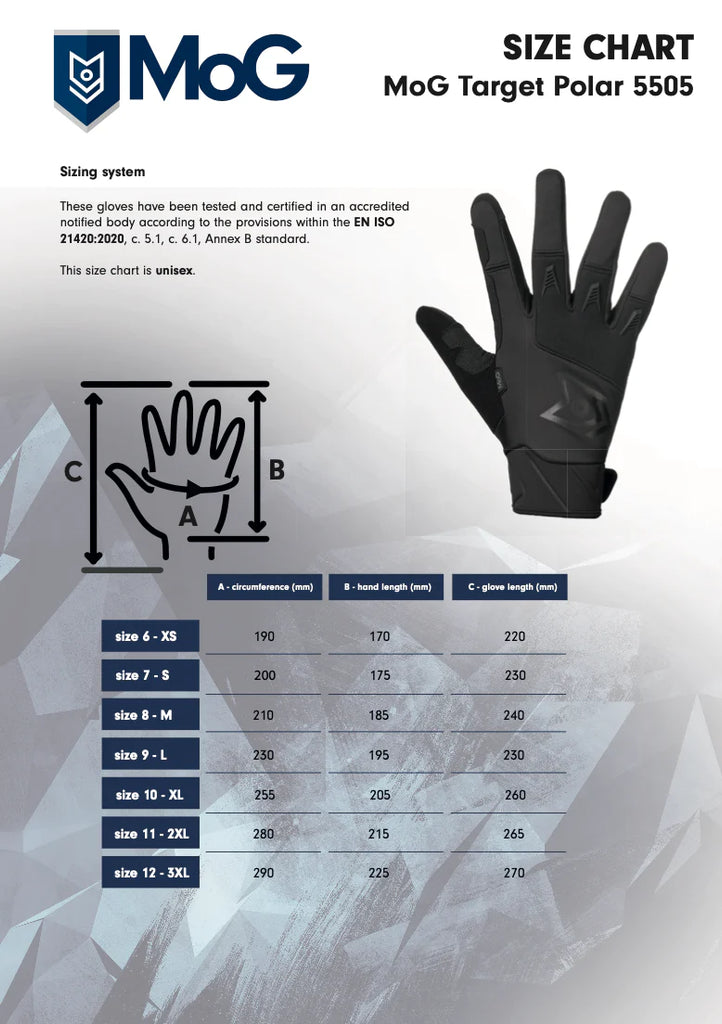 MOG Target Polar Tactical Gloves Size Chart