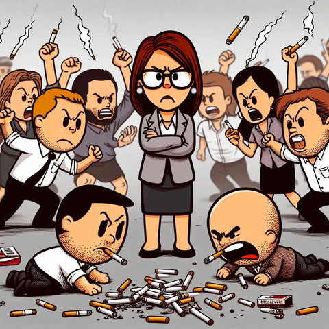 Researcher surrounded by angry smokers deprived of cigarettes