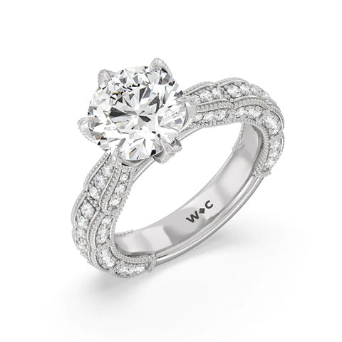 Channel Set Studded Six Prong Floral Engagement Ring